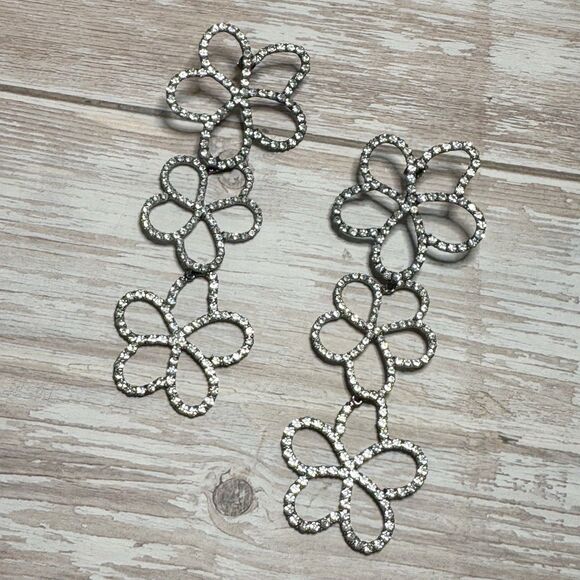 ZARA Long Flower Chain Dangle Rhinestone Statement Earrings Summer Flower Power - Picture 1 of 8